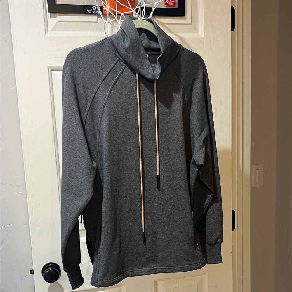 Varley mock neck grey sweatshirts with tie.